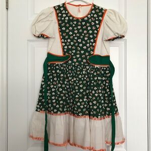 Vintage Girl's Floral Dress Green White Orange Size 8 Fit Tie Back